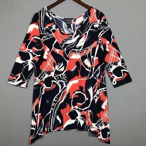 Clara Sun Woo Tunic Top Women Size Medium M Slinky Print 3/4 Sleeve Asymmetrical - Picture 1 of 13